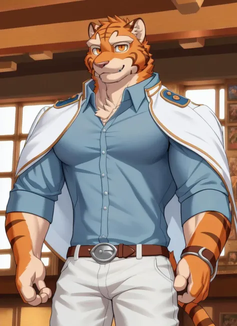 <lora:grant-09:1>, grant, solo, looking at viewer, shirt, 1boy, male focus, belt, pants, blue shirt, pectorals, sleeves rolled up, by zackarry911, by zaush, (by personalami:0.5), zootopia style, (soft shading), 4k, hi res (white jacket), castle, (white pants), detailed face, orange eyes, muscular, muscular male, pectorals