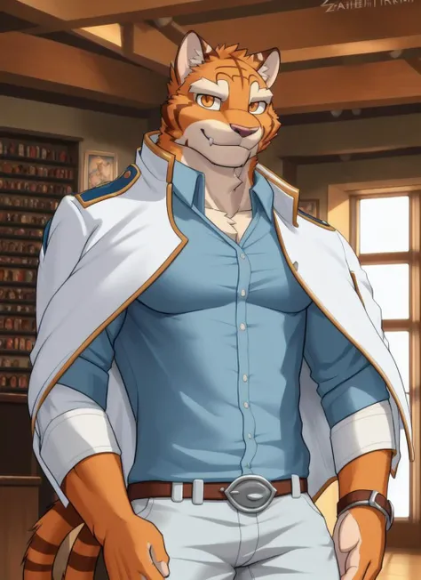 <lora:grant-09:1>, grant, solo, looking at viewer, shirt, 1boy, white jacket, upper body, male focus, belt, pants, blue shirt, pectorals, sleeves rolled up, (jacket on shoulders), by zackarry911, by zaush, (by personalami:0.5), zootopia style, (soft shading), 4k, hi res (white jacket), castle, (white pants), detailed face, orange eyes, muscular, muscular male, smile, theeth, fangs