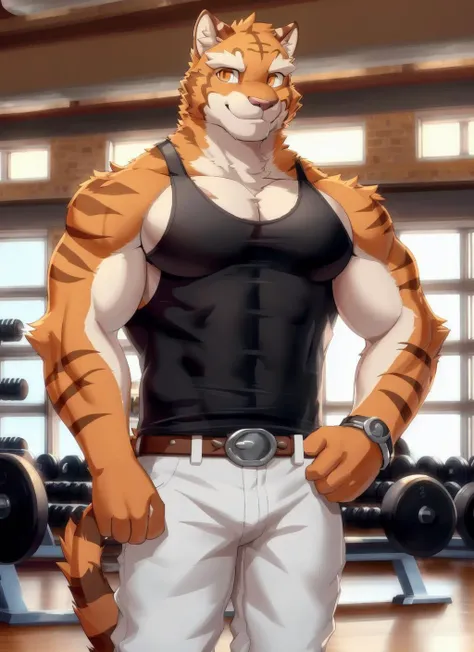 <lora:grant-08:1>, grant, solo, looking at viewer, smile, 1boy, bare shoulders, upper body, male focus, belt, pants, indoors, tank top, pectorals, black tank top, belt, pants, pectorals, by zackarry911, by zaush, (by personalami:0.5), zootopia style, gym, (white pants), arms behind head, orange eyes, muscular male, bara, muscular