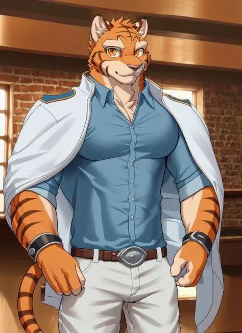 <lora:grant-09:1>, grant, solo, looking at viewer, shirt, 1boy, white jacket, upper body, male focus, belt, pants, blue shirt, pectorals, sleeves rolled up, (jacket on shoulders), by zackarry911, by zaush, (by personalami:0.5), zootopia style, (soft shading), 4k, hi res (white jacket), castle, (white pants), detailed face, orange eyes, muscular, muscular male,