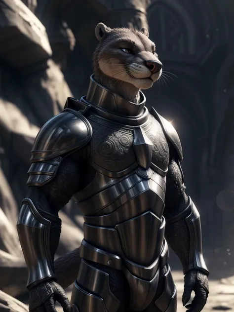 A master of 3d color modeling,furry,otter,male,full body,Muscle,Thin,Knight Armor,Delicate face,Delicate eyes, extremely detailed CG unity 8k wallpaper, realistic, masterpiece, highest quality, lens flare, unreal engine, trending on ArtStation, Intricate, High Detail, dramatic, realism, beautiful and detailed lighting, shadows