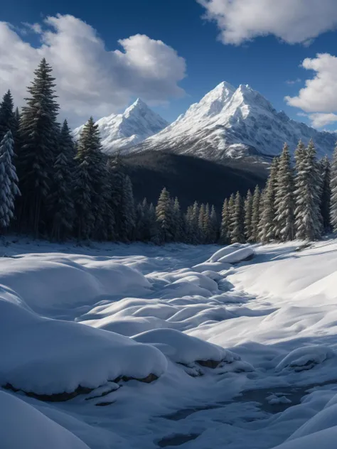 (masterpiece:1.15), (best quality:1.15), (detailed:1.1), (highres:1.1), photo, 50mm lens, f/22, ISO 100, booscapes, nature, sky and ground, Snowy Mountain and Trees, (fluffy clouds:1.1), color grading, natural light