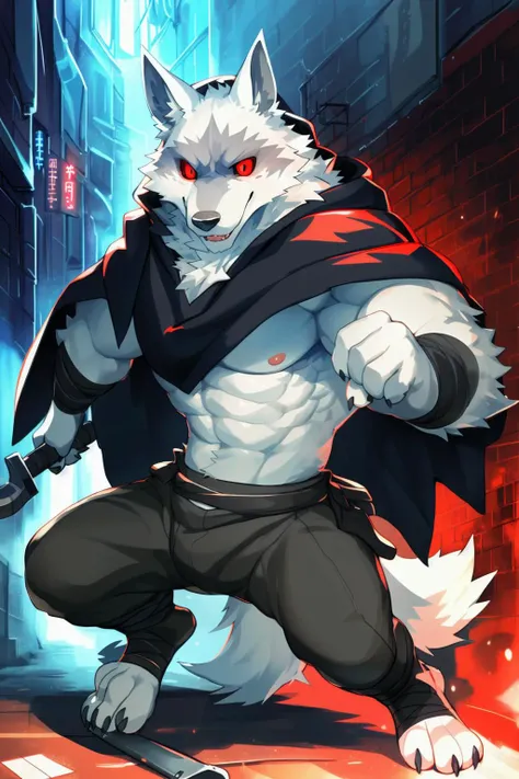 deathwolf,
best quality, high res, masterpiece, by kiyosan, (by null-ghost:0.5),
solo, detailed eyes, volumetric lighting, finely detail, full body, action pose, cloak, (weapon:0.9),
white fur, red eyes, white sclera,
muscular, night, detailed background, alley, <lora:de1:1>