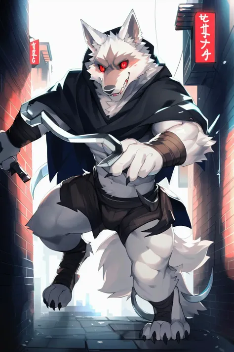 deathwolf,
best quality, high res, masterpiece, by kiyosan, (by null-ghost:0.5),
solo, detailed eyes, volumetric lighting, finely detail, full body, action pose, cloak, (sickle:0.9),
white fur, red eyes, white sclera,
muscular, night, detailed background, alley, <lora:de1:1>