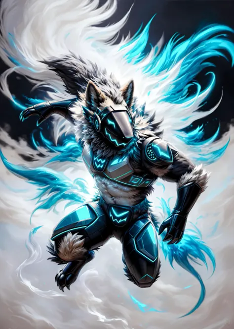 (solo focus:1.3), (solo:1.3),Beautiful dynamic realistic (oil painting:1.1) of a handsome strong werewolf protogen guy , jumping out of  ( a big  abstract smoky background, blurred background,  silver and cyan smoke, dynamic shadows:1.2), hires, 8k, (protogen, detailed protogen face, detailed protogen visor, detailed fur:1.4), armor plate, reflection, powerful, sharp claws, jumping, dashing, bright cinematic lighting, ABSTRACT BACKGROUND, motion, masterpiece, highres, by Jeremy Lipking, by Antonio J Manzanedo, (by Alphonse Mucha:0.5), unreal engine, <lora:add_detail:0.5>