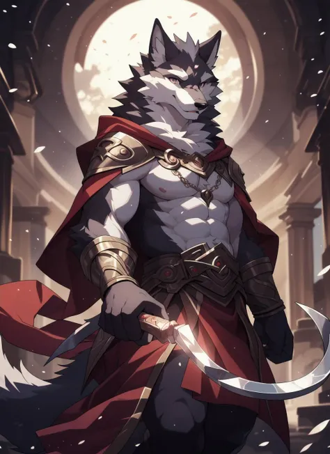 Masterpieces,official art,furry,male,Anthropomorphic white wolf,Delicate face,Delicate eyes,Red cloak,Kerosene lamp,sickle:1.2, depth of field, perfect lighting, light particles,(best quality),(masterpiece),(ultra detailed),sharp focus,light particles