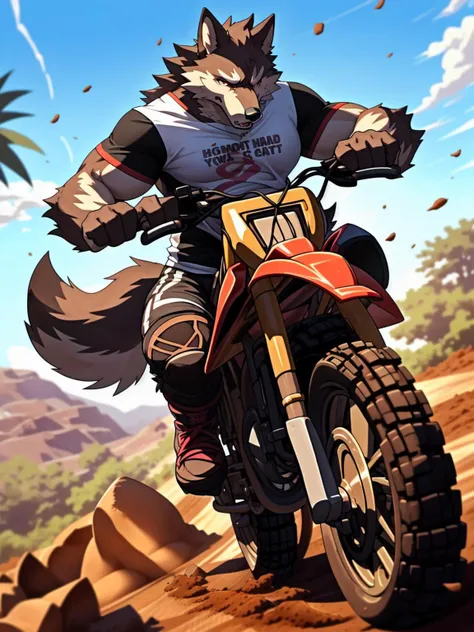 kemono, furry, solo, anthro male wolf, male focused, uncle furry wolf, (riding bike:1.4), large (dirt bike:1.5), in desert, Tshirt, shorts, knee pads, muscular, (low angle:1.3), particles, (flying dirt:1.2), (dynamic:1.2), (action:1.2), (motion:1.2), (front view:1.2), photorealistic, anime, lively, portrayal, realistic color palette, rusty debris, colorful, energetic, dark shadows, wide dynamic range, hdr, extremely detailed, expressive, dramatic light, very detailed, light against darkness, hyper realistic, cinema lighting, intricate detail, depth of field, bokeh, (leaning forward:1.3), sitting, driving, (head shot portrait: 1.5), (extreme perspective: 1.5), (detailed eyes: 1.5), (detailed face: 1.5)