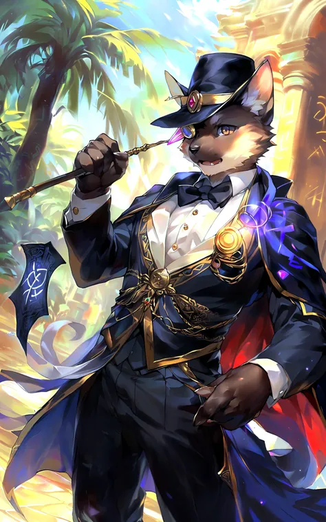 masterpiece, best quality, bright eyes, Deliciated eyes, by kiyosan, (by t.y.stars:0.9), by null-ghost,
furry, siamese cat, slim male, magician, (formal wear:1.2), pants, cane, (monocle:1.1), cloak, hat, gem, (runes:1.1),
dynamic angle, upper body,
oasis, detailed background, colorful, radiant, mystery, magic, spectral <lora:add_detail:0.3>
