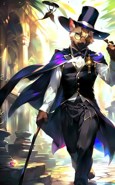 masterpiece, best quality, bright eyes, Delicate eyes, by kiyosan, (by t.y.stars:0.8), by null-ghost,
mystery, magic, spectral,
furry, siamese cat, slim male, magician, (formal wear:1.2), pants, cane, (monocle:1.1), cloak, hat, gem, (runes:1.1), 
dynamic angle, upper body, 
oasis, detailed background, colorful, radiant,