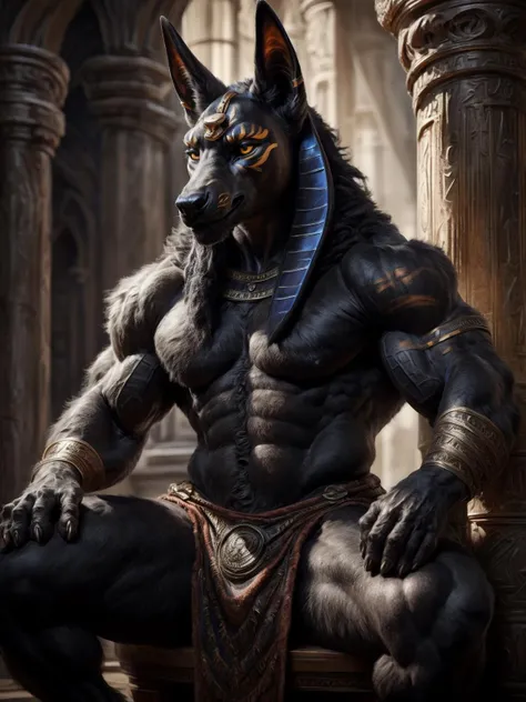 ((realistic)), upload on e621, by Garmash,Ruan Jia, darkgem, anthro, male, ((( detailed fluffy fur))), ((sitting)), detailed realistic painting, (((biceped))), (((shaded))) extreme detail, ((anubis)), loincloth, black body