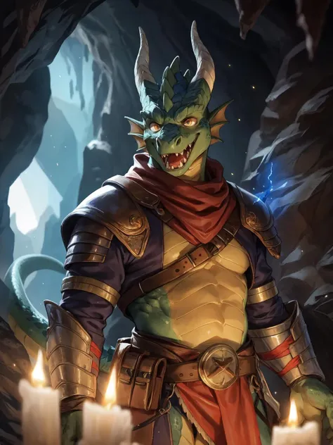 solo, male, adventurer, (male anthro dragon:1.3), (green body:1.1), yellow belly, (standing:1.3), (kemono:1.2), (cave:1.23), (leather armor), (excited:1.3), open mouth,  ,detailed eyes, dragon tail, horn, (bust portrait), (detailed eyes), (indoors:1.35), crystal, torch, smoke, dnd, (dark:1.4), (particles ,firefly, blue glowing:1.3), detailed background, 8k hd, (dark shadows, wide dynamic range, hdr, low light:1.2), by Pino Daeni, canyne khai, milkytiger1145, (bara), [dagasi, yupa], (((detailed eyes)))