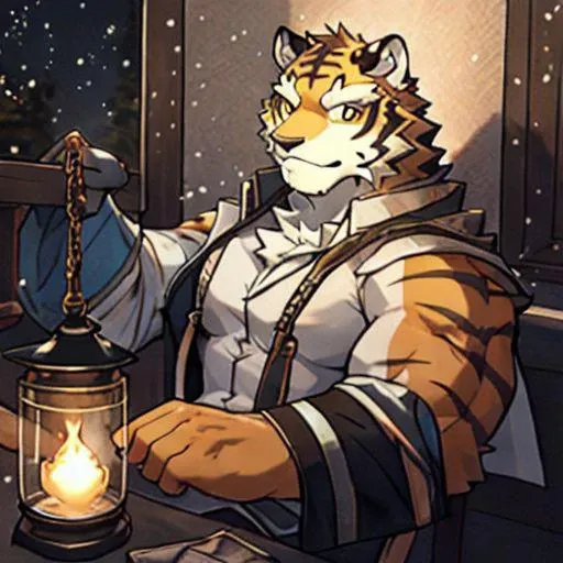 bara, furry, furry_male,male focus,muscular male, orange eyes,tiger furry,tiger ears, <lora:grant-000008:0.7>,1boy, Delicate face,Delicate eyes, jerking, Kerosene lamp,sickle:1.2, depth of field, perfect lighting, light particles,(best quality),(masterpiece),(ultra detailed),sharp focus,light particles