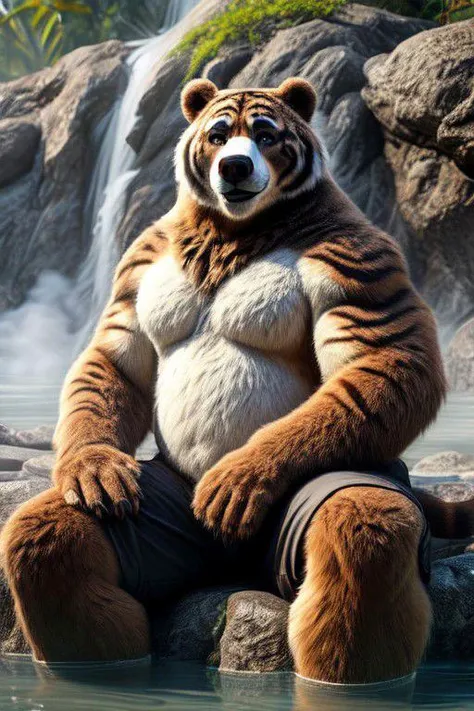 outdoors, BREAK, male, anthro, (jungle bear-tiger hybrid), (Detailed eyes, detailed face), Bara build, sumo build, head fur, white belly, inner ear fluff, (pleasant expression), (slightly chubby), huge body, stocky body, musclegut, thick build, bear body, (feline ears:1.6), (solo:1.5), (hot springs background:1.2), sitting back, relaxing
break,
(wearing shorts)