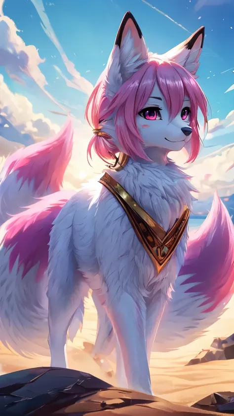 furry, female, feral, ((feral)), adult,  fox, white body fur, pink hair,detailed body fur, detailed body, detailed face, detailed eyes, glistering body, shiny body,  multiple tails, multi tail, solo, body fur, (best quality), clear sky, cinematic lighting, anime style, short ponytail, scar on the eye, 2D, frontal, beach, clear sky, 