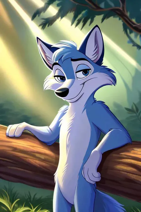 professional three-quarter portrait disney animation, front view, outside nature setting, shaded sunlight, (solo:1.3), looking at viewer, mammal, anthro, ((icy blue fox)). nude, male, smile, blue eyes, highly detailed (light blue) and white two-tone fox fur, canid, narrowed eyes, outside, fingers, tuft, facial tuft, cheek tuft, half-closed eyes, seductive, teeth, black nose, bedroom eyes, disney, light, tree, log, head tuft, standing, (perfectly drawn background), (disney studios classical animation:1.05), (colorful disney style:1.2), (hi res:1.2), (absurd res:1.2), (High-quality cartoon:1.2), by don bluth