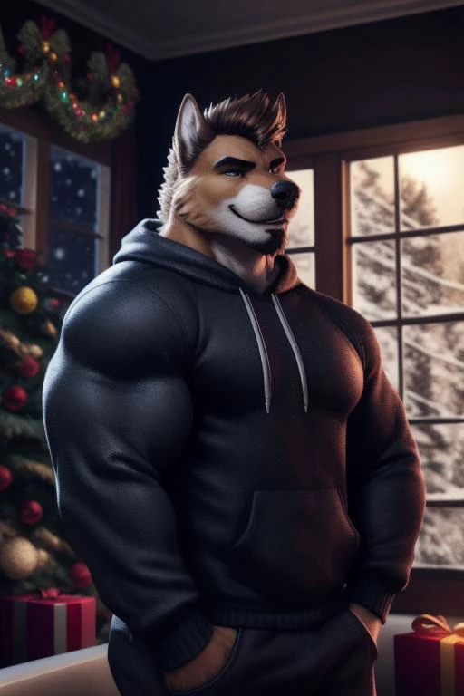 bara, very handsome european strong and manly dark blond bodybuilder with thick muscles with a handsome smile wearing Retro-style sweatshirt at a christmas night in the living room with snow falling outside the window, dynamic romantic situation,
ultra realistic, concept art, intricate details, highly detailed, photorealistic, octane render, 8k, unreal engine, sharp focus, volumetric lighting unreal engine