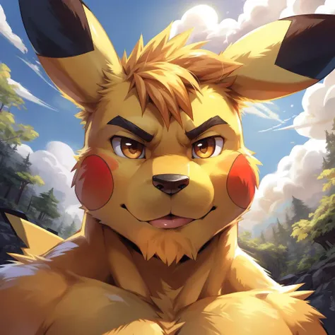 Uploaded on E621, ultra-high detailed, absurd res, RAW photo, (by null-ghost),(by zixiong:1.1),(by takemoto arashi), (by lindong:1.3), (by haps), by jerseydevil, (detailed eyes), detailed irises, (pikachu:1.3), pikachu, (fluffy yellow fur), (yellow beard), (shirtless:1.3), shirtless, (brown eyes), brown eyes, (sexy), half lidded eyes, (half lidded eyes), (detailed irises), detailed eyes, (view to viewer), (looking at viewer), (front view), ((front view close up portrait shot:1.6)), (view to viewer), (standing at a beautiful cartoonish outdoor valley field:1.3), (tall trees), trees, (blue skies), clouds, (sharp focus:1), ((cel shading)), detailed environment, ((digital media), (masterpiece), (8k), detailed background, cinematic, male focus, (male focus), (solo:1.2), ((perfect anatomy)),