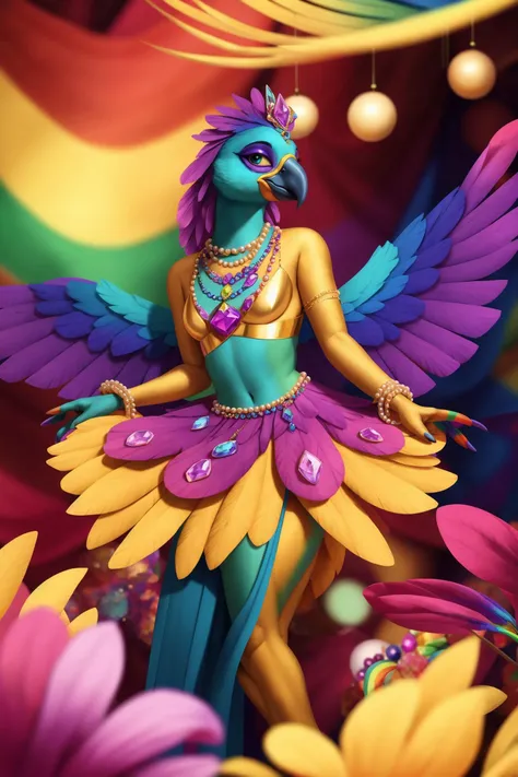 beautiful, best quality, high quality, 4K HD, excellent, hyper detailed, ultra detailed, highly detailed an avian female parrot dancing in brazillian carnaval, rio de janeiro, feathers, gold
by thousandfoldfeathers, beautifully colored, drastically colored, full color spectrum, all the colors, vibrant colors, paint with all the colors of the rainbow, rainbow-colored, rainbow pattern, red, orange, yellow, green, blue, purple, violet, pink, (polkadots:0), color stripes, hues, mattices, strokes of color, all the colors, multiple shades of color, rubies, sapphires, topaz, amethyst, aquamarines, opals, diamonds, pearls, emeralds, glass, crystals, bismuth,
chrysanthemums, hyacinths, cobalt, onyx