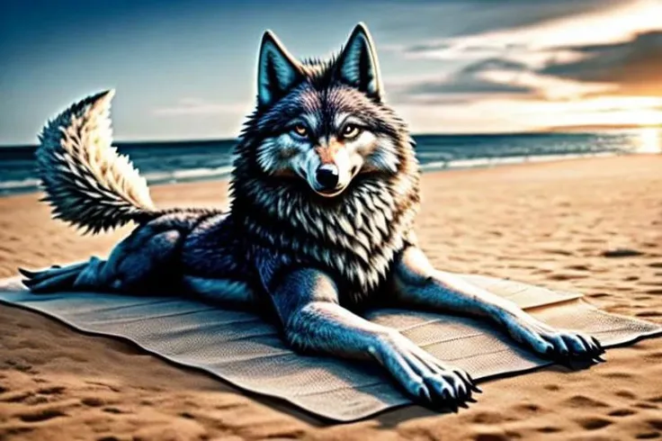 Furry wolf in a beach