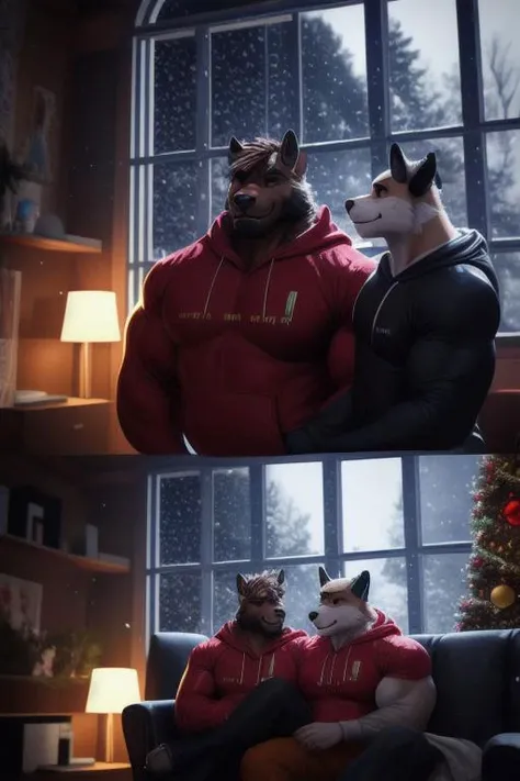 bara, very handsome european strong and manly dark blond bodybuilder with thick muscles with a handsome smile wearing Retro-style sweatshirt at a christmas night in the living room with snow falling outside the window, dynamic romantic situation,
ultra realistic, concept art, intricate details, highly detailed, photorealistic, octane render, 8k, unreal engine, sharp focus, volumetric lighting unreal engine