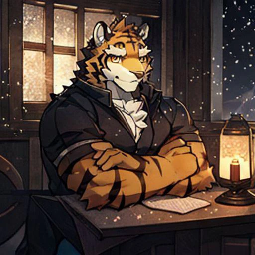 bara, furry, furry_male,male focus,muscular male, orange eyes,tiger furry,tiger ears, <lora:grant-000008:0.7>,1boy, Delicate face,Delicate eyes, jerking, Kerosene lamp,sickle:1.2, depth of field, perfect lighting, light particles,(best quality),(masterpiece),(ultra detailed),sharp focus,light particles