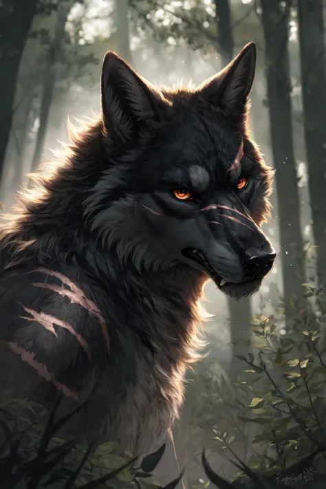 Realistic, White Aura, (cowboy shot portrait), from side, adult wolf man, orange eyes, red eyes, menacing face, sharp fang, growling, slim and muscular body, ((full black fur)), (scars), (ripped ragged clothes), standing, bending forward menacing, dynamic pose, looking at viewer, deep forest, old trees, lush, foggy day, rain, grey tones, embedding:Positive\fcDetailPortrait,