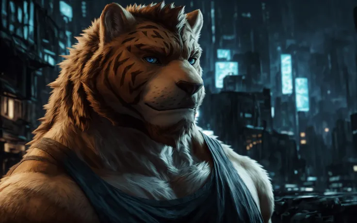 (masterpiece:1.2),best quality,masterpiece,original,extremely detailed wallpaper,looking at viewer,1boy,solo,(8K, HDR, best quality, highres, absurdres:1.2),specular lighting,photon mapping,radiosity,physically-based rendering,(establishing shot),extremely detailed CG unity 8k wallpaper,realistic,masterpiece,highest quality,lens flare,unreal engine,trending on ArtStation,Intricate,High Detail,dramatic,realism,beautiful and detailed lighting,
furrender style,portrait of a large muscular male siberian tiger,middle-aged,blue eyes,He wore a white tank top and a pair of luminous shorts, set background,photorealistic,35mm,cinematic lighting and color grading,sharp focus,depth of field background,extreme detail,4k,(soft lighting:1.4),dystopian cyberpunk city background,
bara,(bust portrait),(muscular:1.2),muscular male,(mature male:1.2),by snowskau,light smile,looking at viewer,detailed fur texture,Volumetric Lighting,glowing neon lights,Cinematic Lighting,Tyndall effect,realistic,photo_(medium),reality,realistic fur,detailed background,hyper realism,RAW photo,(realism, photorealistic:1.3),detailed,hi res,,,<lora:lars-08:0.8:1:lbw=1,1,1,1,1,0,0,0,1,1,1,1,1,1,1,0,0:start=8>,<lora:i_LoRAepi_noiseoffset2:1>