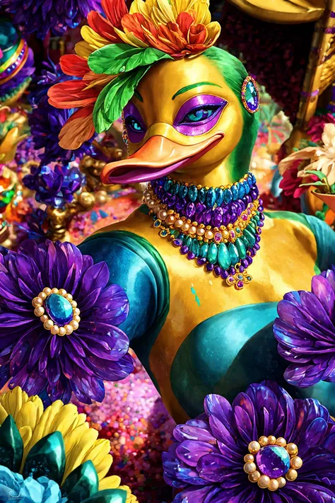 a duck in brazillian carnaval, rio de janeiro, gold, beautifully colored, drastically colored, full color spectrum, all the colors, vibrant colors, paint with all the colors of the rainbow, rainbow-colored, rainbow pattern, red, orange, yellow, green, blue, purple, violet, pink, (polkadots:0), color stripes, hues, mattices, strokes of color, all the colors, multiple shades of color, rubies, sapphires, topaz, amethyst, aquamarines, opals, diamonds, pearls, emeralds, glass, crystals, bismuth,
chrysanthemums, hyacinths, cobalt, onyx