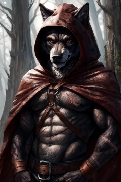 Realistic, White Aura, cowboy shot, from side, adult wolf man, dark fur, ((ugly scars)), wearing medieval adventurer clothes, linen pant, leather harness, leather bracer, (long red cloak with hood), standing, looking at viewer, deep forest, cloody day,
