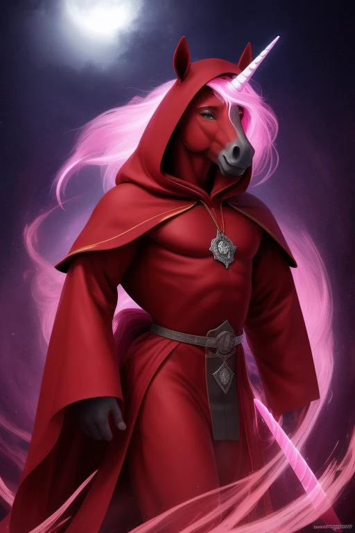 beautiful, best quality, high quality, 4K HD, excellent, a 3/4 view of a (muscular:0.3) equine unicorn male mage wearing a red hooded coat from behind, hires highres absurdres, high definition, best quality, artistic, masterful
