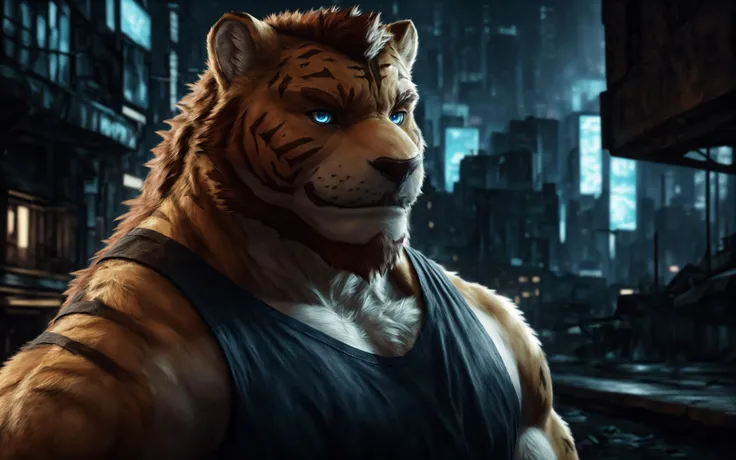 (masterpiece:1.2),best quality,masterpiece,original,extremely detailed wallpaper,looking at viewer,1boy,solo,(8K, HDR, best quality, highres, absurdres:1.2),specular lighting,photon mapping,radiosity,physically-based rendering,(establishing shot),extremely detailed CG unity 8k wallpaper,realistic,masterpiece,highest quality,lens flare,unreal engine,trending on ArtStation,Intricate,High Detail,dramatic,realism,beautiful and detailed lighting,
furrender style,portrait of a large muscular male siberian tiger,middle-aged,blue eyes,He wore a dark tank top and a pair of luminous shorts, set background,photorealistic,35mm,cinematic lighting and color grading,key light,sharp focus,depth of field background,extreme detail,4k,(soft lighting:1.4),dystopian cyberpunk city background,
bara,(bust portrait),(muscular:1.2),muscular male,(mature male:1.2),by snowskau,light smile,looking at viewer,detailed fur texture,Volumetric Lighting,glowing neon lights,Cinematic Lighting,Tyndall effect,realistic,photo_(medium),reality,realistic fur,detailed background,hyper realism,RAW photo,(realism, photorealistic:1.3),detailed,hi res,,,<lora:lars-08:0.8:1:lbw=1,1,1,1,1,0,0,0,1,1,1,1,1,1,1,0,0:start=8>,<lora:i_LoRAepi_noiseoffset2:1>