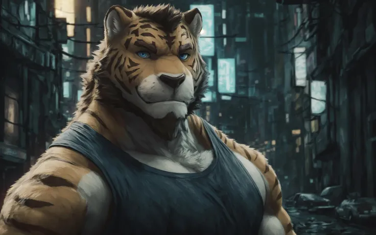 (masterpiece:1.2),best quality,masterpiece,original,extremely detailed wallpaper,looking at viewer,1boy,solo,
furrender style,portrait of a large muscular male siberian tiger,middle-aged,blue eyes,He wore a dark tank top and a pair of luminous shorts, set background,photorealistic,35mm,cinematic lighting and color grading,key light,sharp focus,depth of field background,extreme detail,4k,(soft lighting:1.4),dystopian cyberpunk city background,
bara,(bust portrait),(muscular:1.2),,muscular male,(mature male:1.2),by snowskau,light smile,looking at viewer,detailed fur texture,,<lora:lars-08:0.8:1:lbw=1,1,1,1,1,0,0,0,1,1,1,1,1,1,1,0,0:start=8>,<lora:i_LoRAepi_noiseoffset2:1>