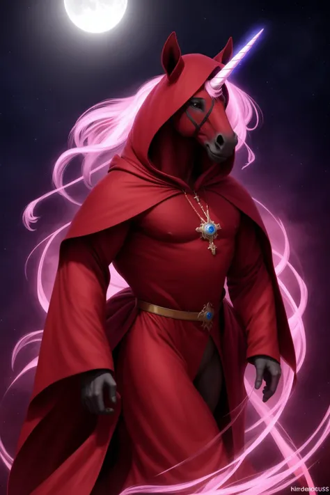 beautiful, best quality, high quality, 4K HD, excellent, a 3/4 view of a (muscular:0.3) equine unicorn male mage wearing a red hooded coat from behind, hires highres absurdres, high definition, best quality, artistic, masterful