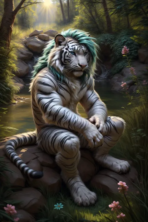 a young male anthropomorphic tiger with (gray fur:1.2), black stripes, blue eyes, long tail, (extra fluffy fur and mane:1.2), teal hair, black claws.
plants and trees in the background, sun beams shining through, sitting on a rock in a natural spring, small flowers rarely sparse in the grass,
chunie style, Kenket style, <lora:More Details:0.6> <lora:04hairy:0.2> <lora:Absolute Reality - SD15:0.3>