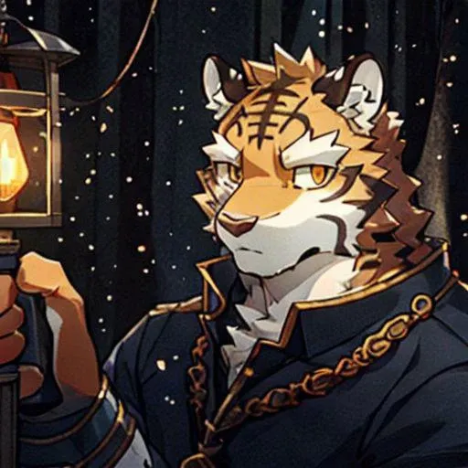 bara, furry, furry_male,male focus,muscular male, orange eyes,tiger furry,tiger ears, <lora:grant-000008:0.7>,1boy, Delicate face,Delicate eyes, jerking, Kerosene lamp,sickle:1.2, depth of field, perfect lighting, light particles,(best quality),(masterpiece),(ultra detailed),sharp focus,light particles
