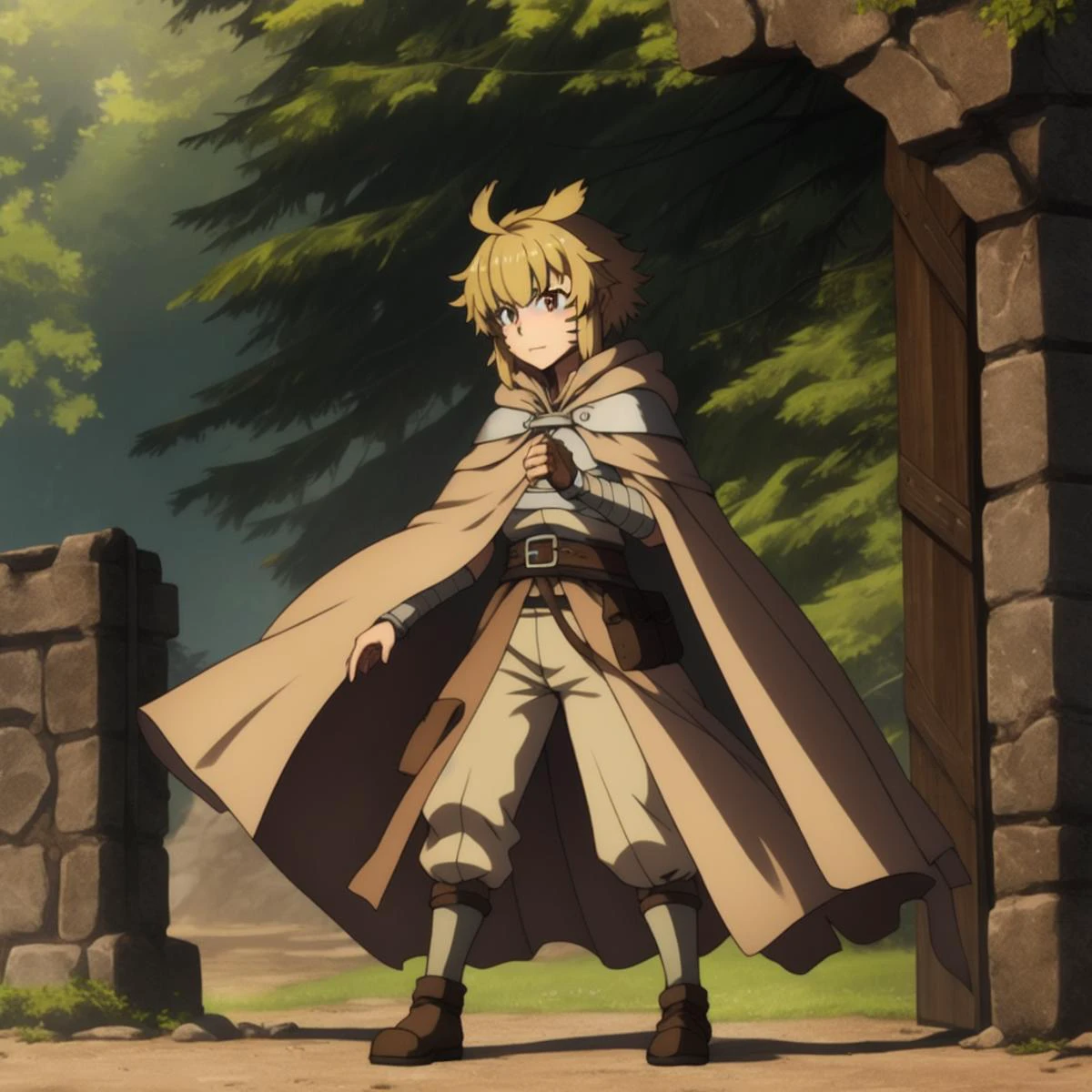 <lora:ArgoV11:1>, 1girl, human, argo the rat, adventurer outfit, cape, solo, outdoors, brown eyes,