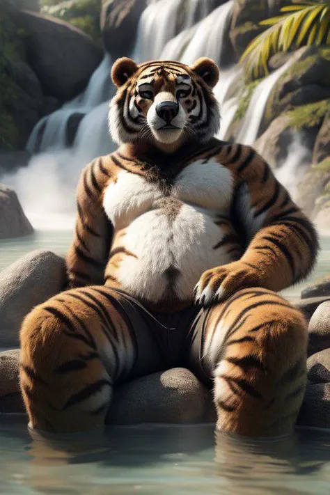 One anthropomorphic tiger, named Tiger\_Beast, dons a hoodie in the dense forest. This sacred tiger, with intricate ornate anime CGI style, evokes a sense of awe with its threatening expression. Kerem couplet in tow, Tiger sits in a menacing pose, claws clear and fierce, ready for battle against the wizard. Great digital art with unparalleled details brings this magical scene to life. In this 8k, best quality RAW photo captured by a Fujifilm XT3, each hair on Tiger's body shines with hyper-realistic textures, adding depth to this masterpiece. Observe the tiger