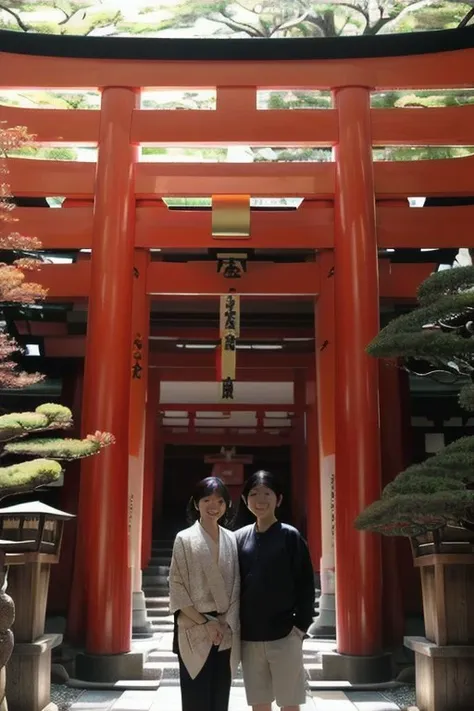 perfect face a couple of people standing in front of a red torin, near a japanese shrine, shinto shrine, inspired by Torii Kiyonobu I, ghutra and egal, inari shrine, red skinned, red ocher, japanese temple, centered torii gate, in ancient japan, inspired by Torii Kiyonaga