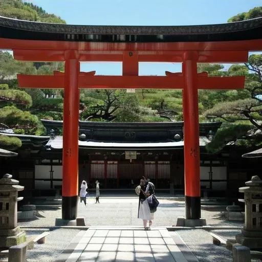 a large red torin, near a japanese shrine, shinto shrine, heavens gate, inari shrine, japanese temple, japanese torii in a moutain, japanese shrine, kyoto, perfect framing, onmyoji, japanese temples, in front of a temple, standing in a buddhist temple, romantic!!!, ancient japanese architecture, inspired by Torii Kiyonobu I