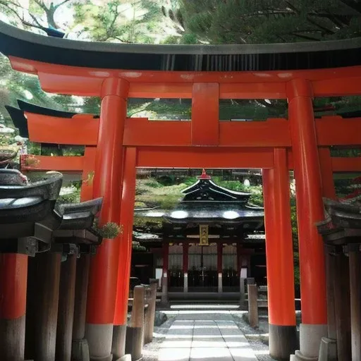 a large red torin, inari shrine, near a japanese shrine, shinto shrine, torii in the background, heavens gate, japanese torii in a moutain, torii gate, centered torii gate, inspired by Torii Kiyomitsu, inspired by Torii Kiyonobu I, japanese temple, in front of a temple, chinese temple