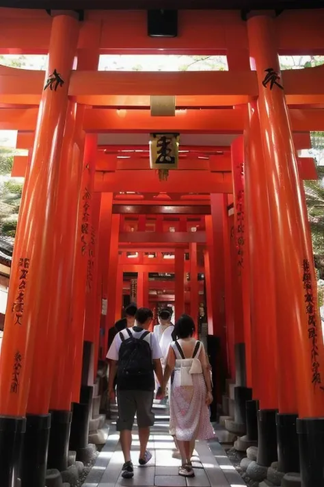 perfect face a couple of people walking through a tunnel of red torido, inari shrine, itsuko azuma, shinto shrine, symmetry!! portrait of akuma, neon orange, near a japanese shrine, centered torii gate, red glow, the gates of hell, in ancient japan, long hall way, red rising planet, glowing red, his one yes glow red