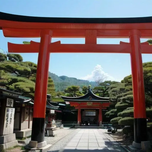 a large red torin, inari shrine, near a japanese shrine, shinto shrine, torii in the background, heavens gate, japanese torii in a moutain, torii gate, centered torii gate, inspired by Torii Kiyomitsu, inspired by Torii Kiyonobu I, japanese temple, in front of a temple, chinese temple