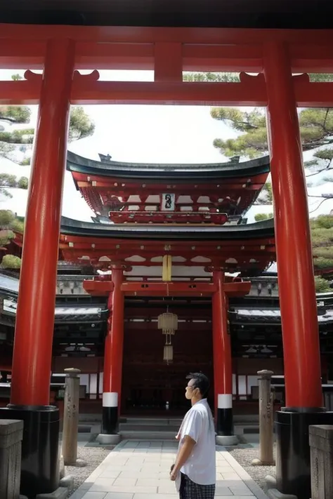 perfect face a large red torin, imposing presence, inari shrine, heavens gate, in front of a temple, near a japanese shrine, japanese temple, shinto shrine, ghutra and egal, japanese shrine, in front of the temple, person in foreground, takeuchi takashi, the wonder of devotion, standing in a buddhist temple, ancient japanese, chinese temple