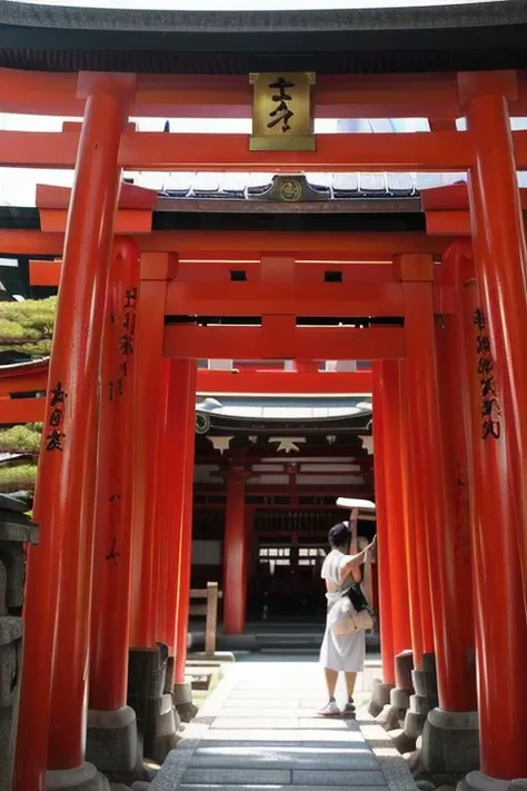 perfect face a large red torin, near a japanese shrine, shinto shrine, heavens gate, inari shrine, japanese temple, japanese torii in a moutain, japanese shrine, kyoto, perfect framing, onmyoji, japanese temples, in front of a temple, standing in a buddhist temple, romantic!!!, ancient japanese architecture, inspired by Torii Kiyonobu I