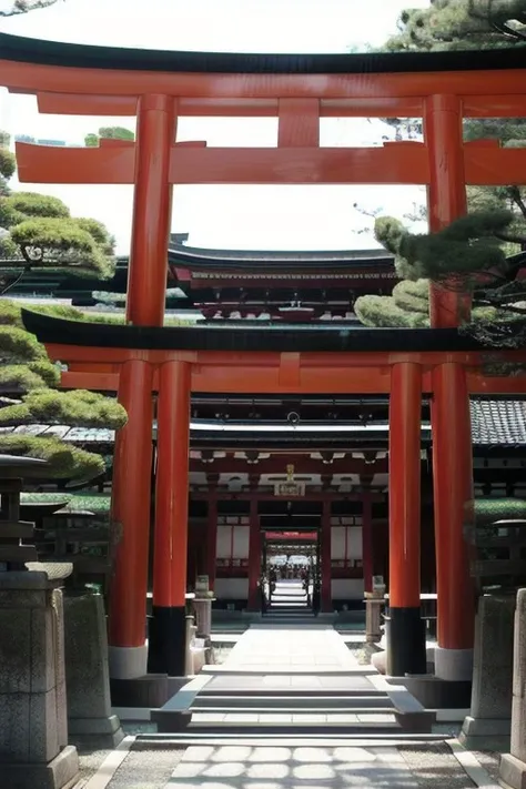 perfect face a large wooden gate, framing, perfect framing, centered torii gate, japanese temple, heavens gate, shinto shrine, in ancient japan, japanese shrine, near a japanese shrine, japanese temples, inari shrine, keyframe, center framing, inspired by Torii Kiyonobu I, lion's gate, heaven gate, itsuko azuma