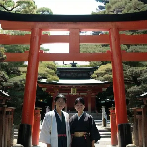 a couple of people standing in front of a red torin, near a japanese shrine, shinto shrine, inspired by Torii Kiyonobu I, ghutra and egal, inari shrine, red skinned, red ocher, japanese temple, centered torii gate, in ancient japan, inspired by Torii Kiyonaga