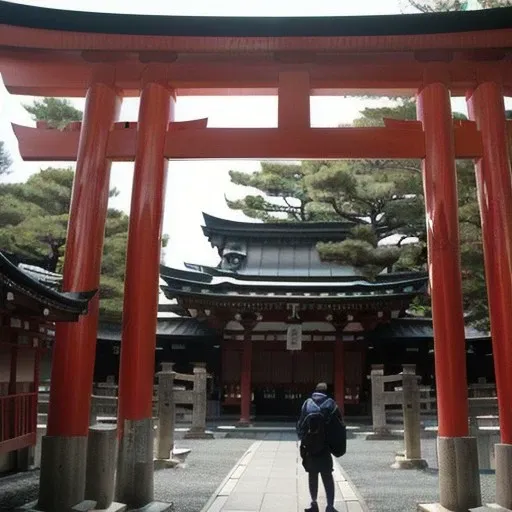 a large red torin, imposing presence, inari shrine, heavens gate, in front of a temple, near a japanese shrine, japanese temple, shinto shrine, ghutra and egal, japanese shrine, in front of the temple, person in foreground, takeuchi takashi, the wonder of devotion, standing in a buddhist temple, ancient japanese, chinese temple