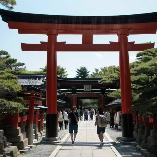 a couple of people walking through a red torido, shinto shrine, inspired by Torii Kiyonobu I, near a japanese shrine, centered torii gate, heavens gate, inari shrine, the gates of hell, inspired by Torii Kiyonaga, japanese temple, inspired by Zhou Shuxi, symmetry!! portrait of akuma