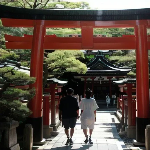 a couple of people walking through a tunnel of red torido, inari shrine, itsuko azuma, shinto shrine, symmetry!! portrait of akuma, neon orange, near a japanese shrine, centered torii gate, red glow, the gates of hell, in ancient japan, long hall way, red rising planet, glowing red, his one yes glow red