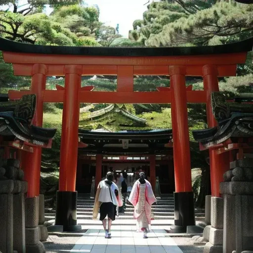 a couple of people walking through a red torido, shinto shrine, inspired by Torii Kiyonobu I, near a japanese shrine, centered torii gate, heavens gate, inari shrine, the gates of hell, inspired by Torii Kiyonaga, japanese temple, inspired by Zhou Shuxi, symmetry!! portrait of akuma